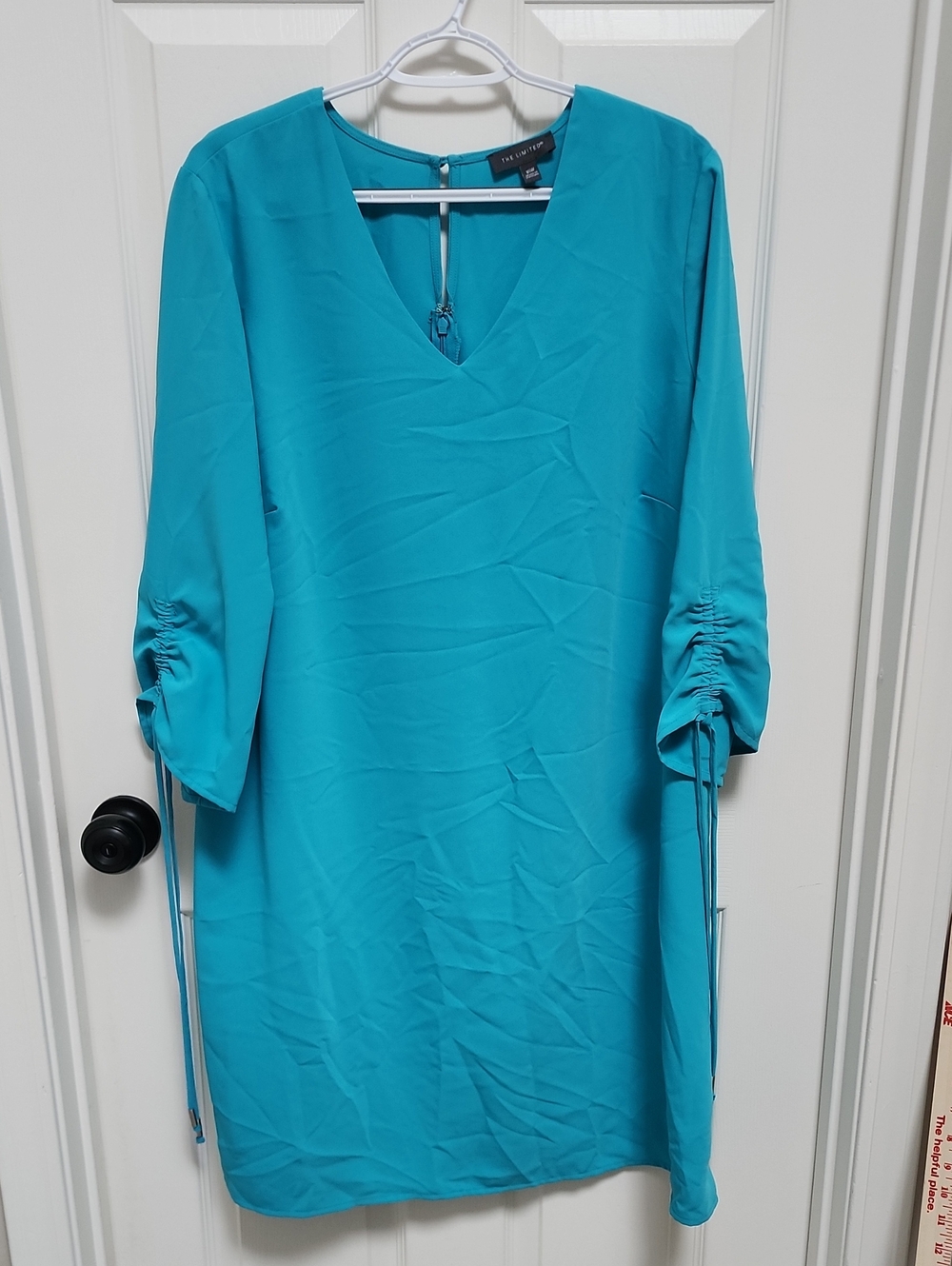 The Limited Size 16 Teal Ruched-Sleeve V-Neck Shift Dress‎